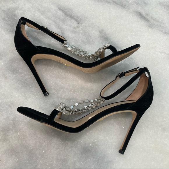 STUART WEITZMAN Stardust Black Suede Rhinestone Crystal Chain Heels Sandals - Picture 5 of 14